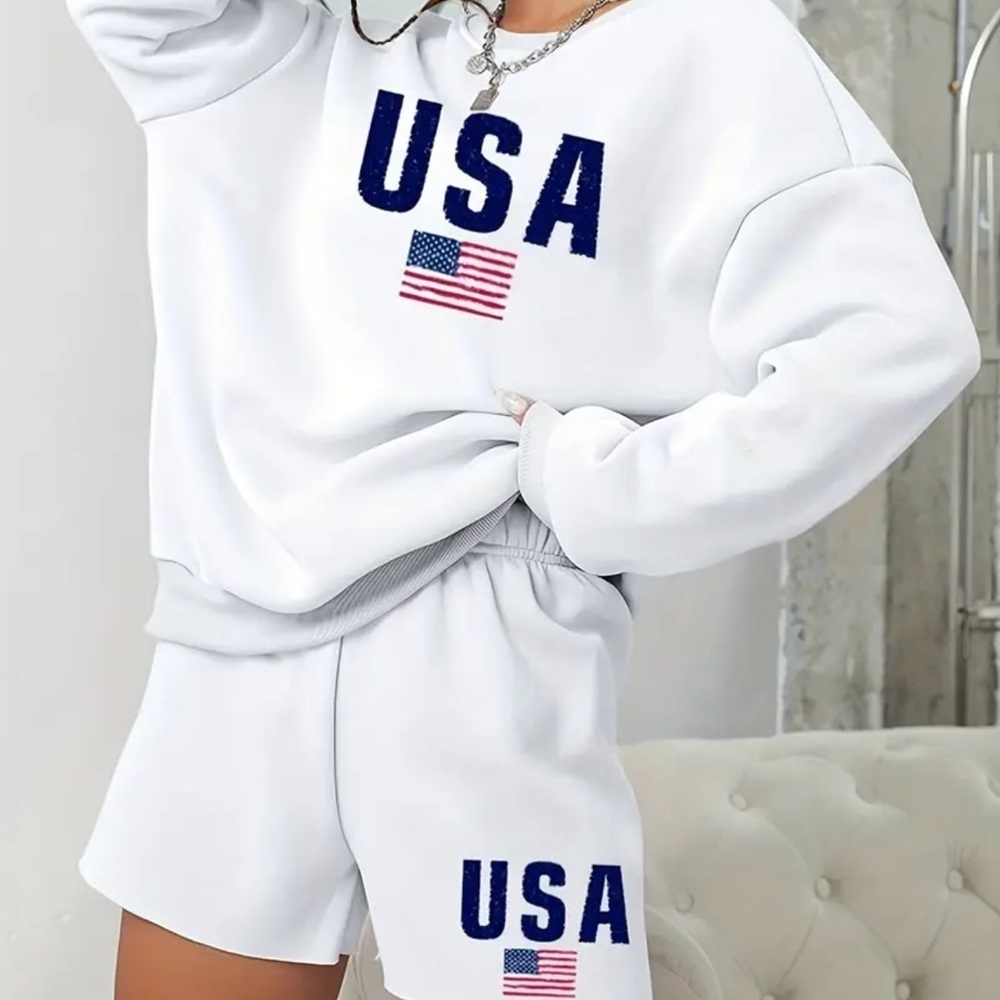 White USA Flag Sweatshirt and Shorts Set